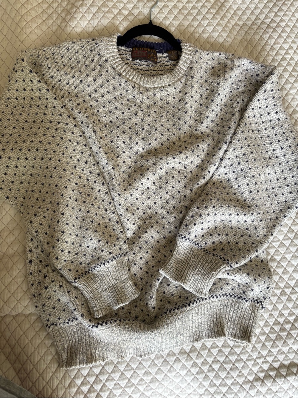 Textured Knit Crewneck Sweater in Gray with Navy Detail